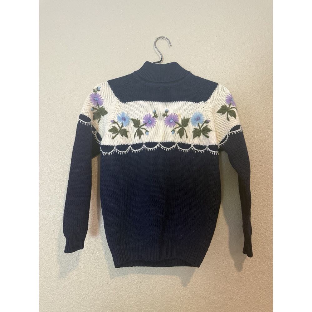 Vintage Navy Ivory Floral Embroidery Long Sleeve Color Block Sweater Size L